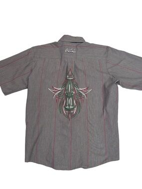 One of a kind Hand Painted Coca Cola Grey Striped Short-Sleeve Button-Up Shirt